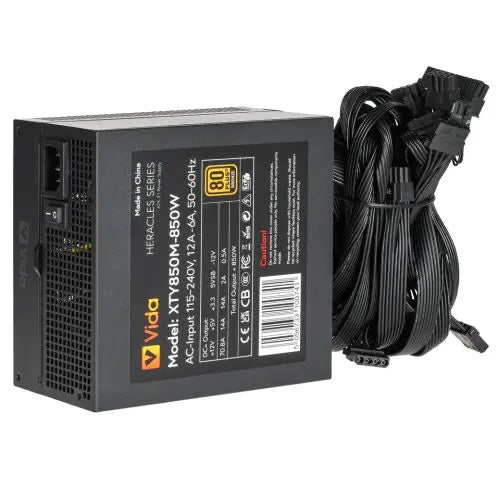 Vida 850W Heracles Black ATX 3.1 Gaming PSU, 80+ Bronze, 140mm Ultra-Quiet FDM Fan, Flat Black Cables, PCIe 5.1, Power Lead Not Included - HONORABLE VETERANS SOLUTIONS