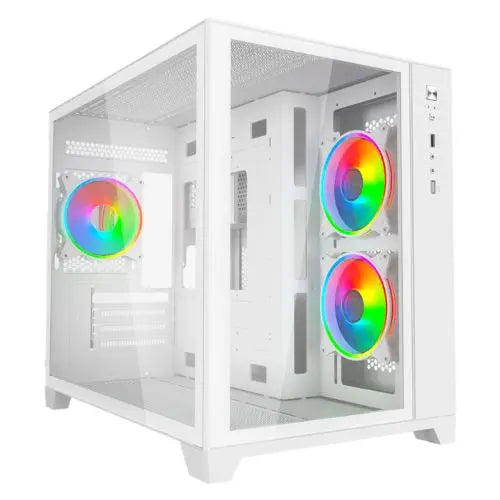 Vida Akira V2 White ARGB Gaming Case w/ Glass Front & Side, Micro ATX, 3x ARGB PWM Fans, 6-Port ARGB Fan Hub & Remote Control - HONORABLE VETERANS SOLUTIONS