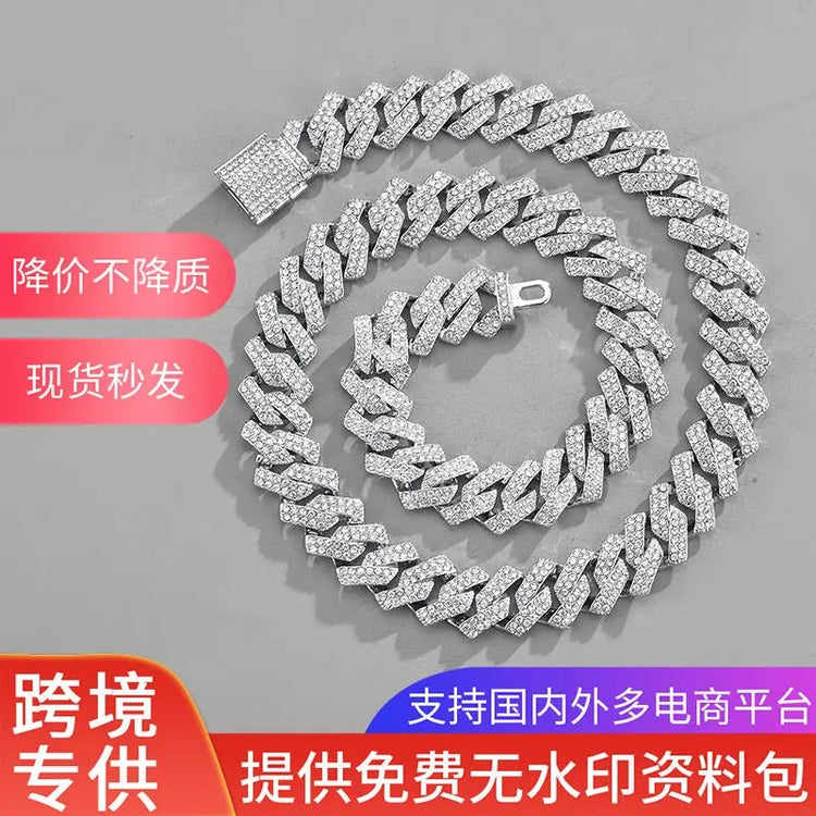 Xindi European and American Popular Men's Necklace 15mm Exaggerated Diamond Geometric Trendy Hip-Hop Jewelry Large Gold Chain Necklace - HONORABLE VETERANS SOLUTIONS